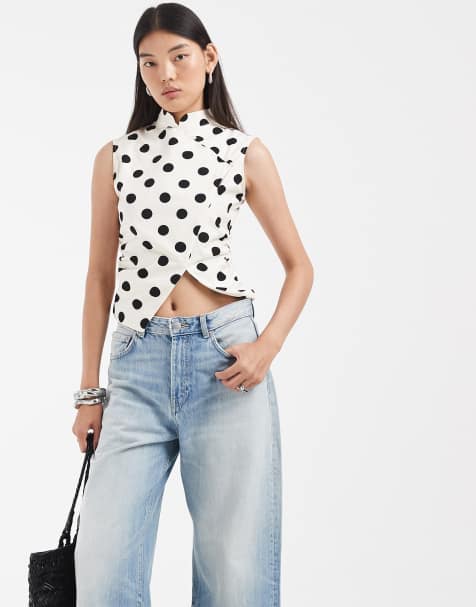 ASOS DESIGN sleeveless mandarin collar shirt in black polka dots - view 1