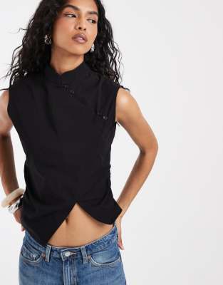 Asos Design Sleeveless Mandarin Collar Shirt In Black