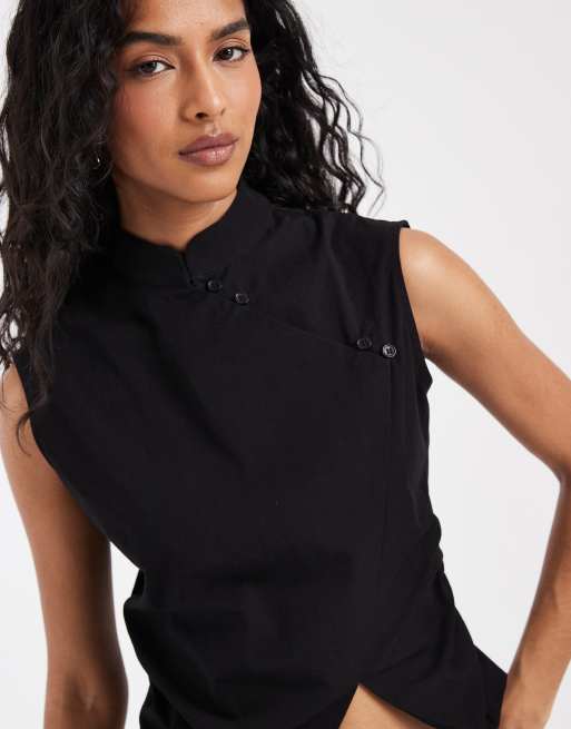 ASOS DESIGN sleeveless mandarin collar shirt in black, 3 of 4