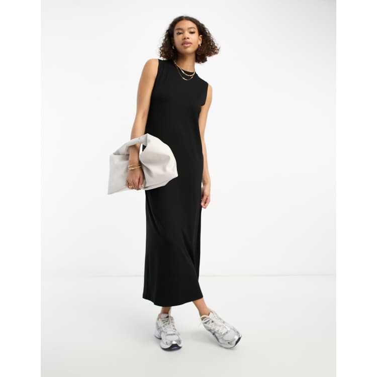 ASOS DESIGN sleeveless ruched mesh maxi beach dress with high slits in  black