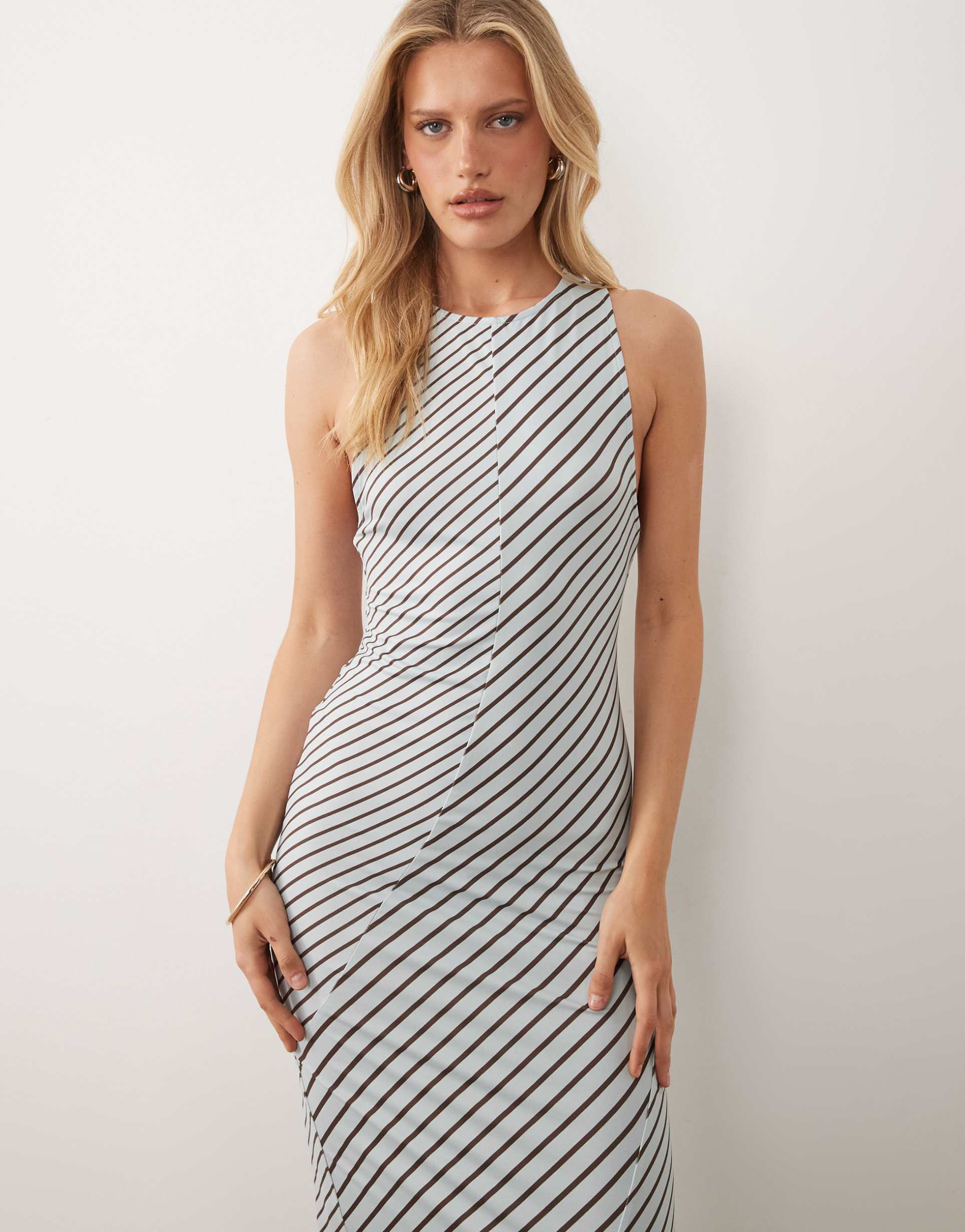 asos design sleeveless maxi dress in blue and brown stripes