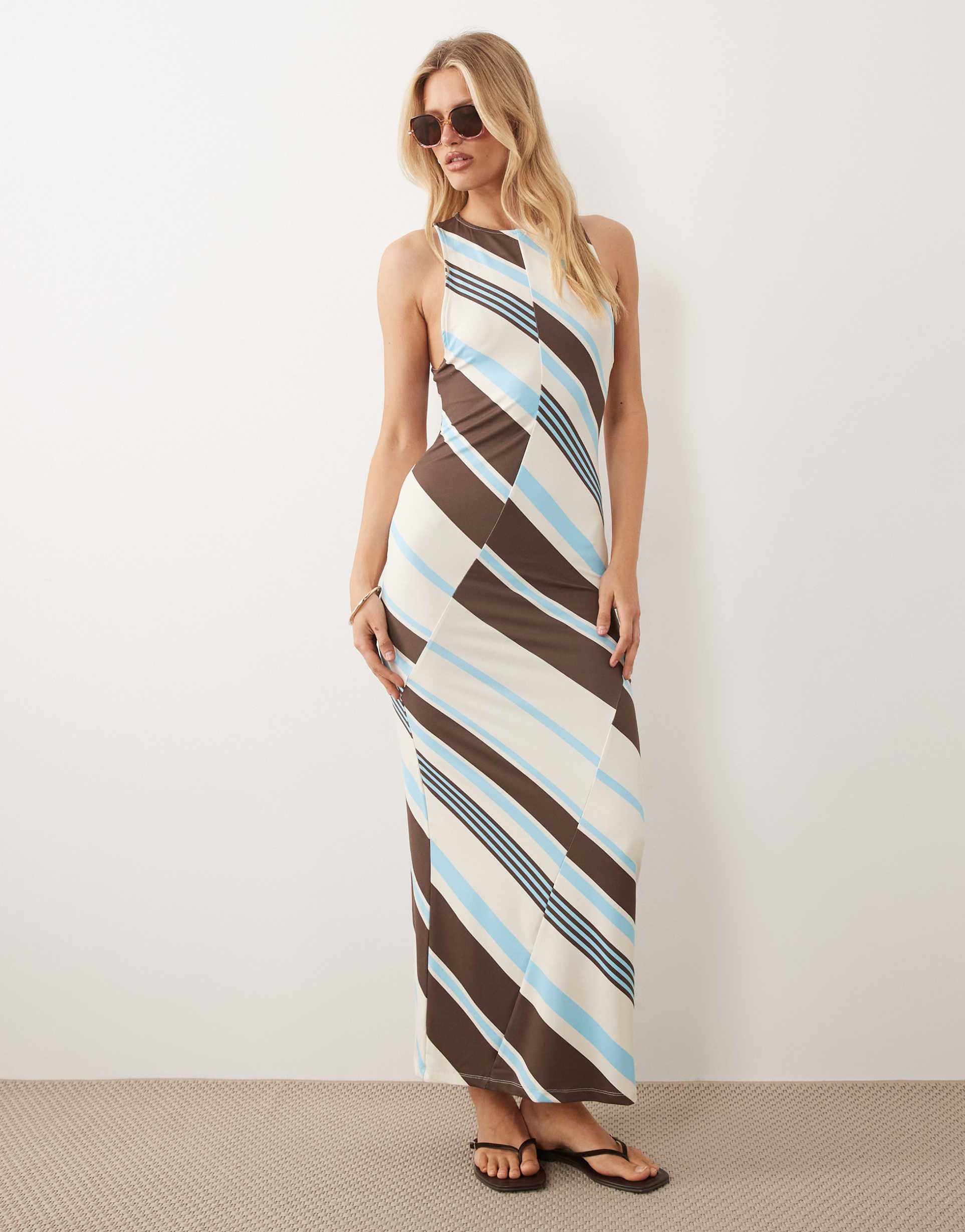 asos design sleeveless maxi dress in blue, brown and cream stripes