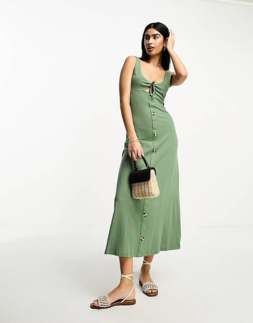 ASOS DESIGN sleeveless maxi dress with buttons and tie detail in khaki ...