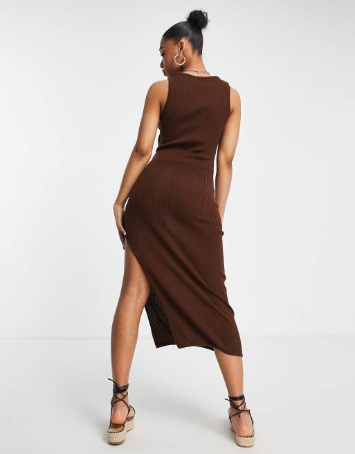 ASOS DESIGN sleeveless maxi dress with cut out front in brown