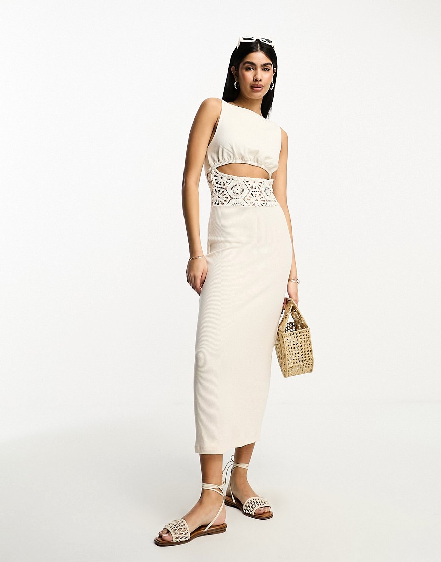 ASOS DESIGN sleeveless maxi dress with cut out waist and crochet insert in cream-White