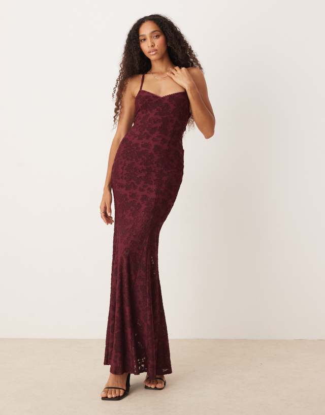 ASOS DESIGN sleeveless maxi dress with lace up back in red wine