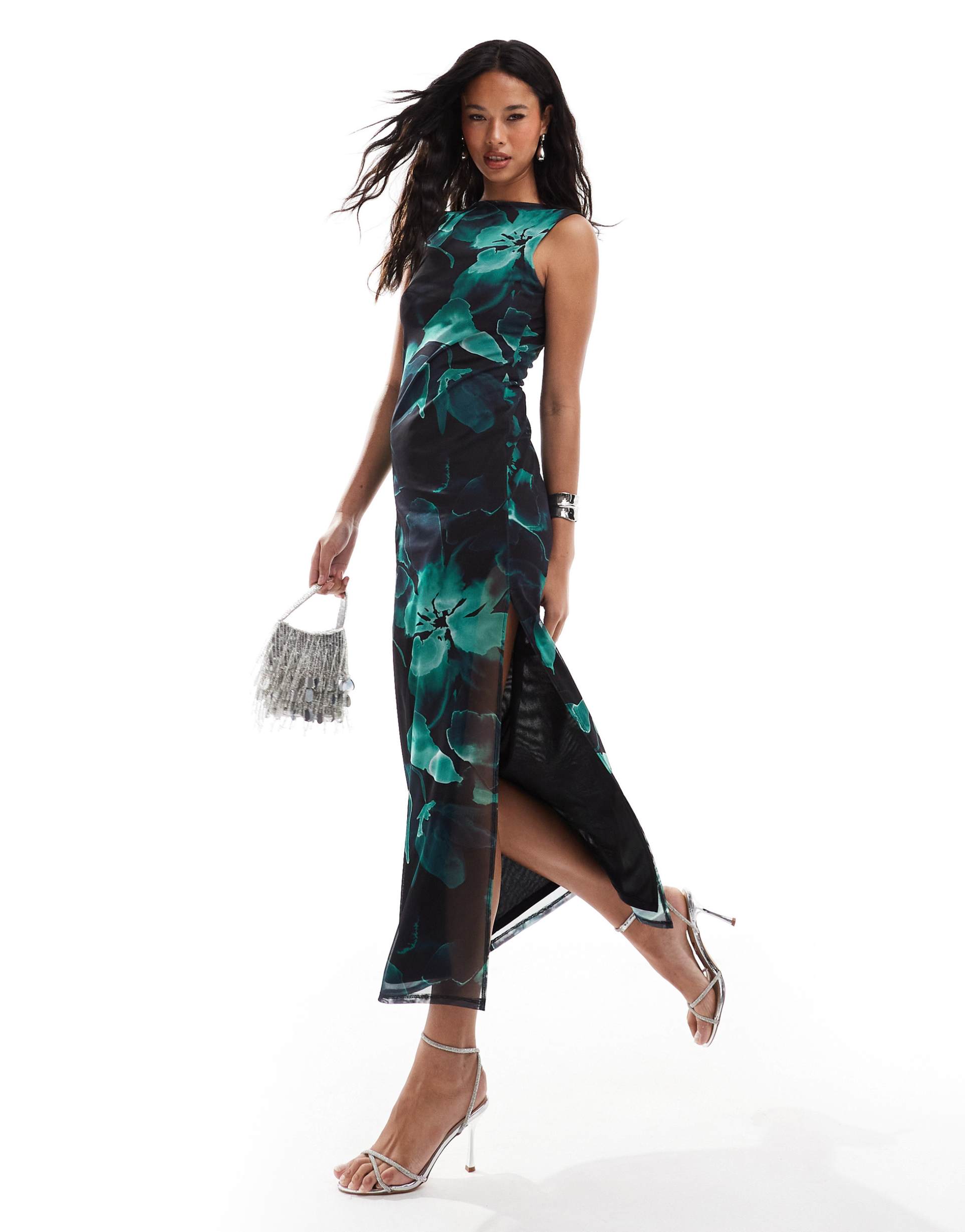 asos design sleeveless maxi dress with low back in green and black floral