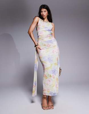 Asos Design Sleeveless Maxi Dress With Open Back And Sash Detail In Multi