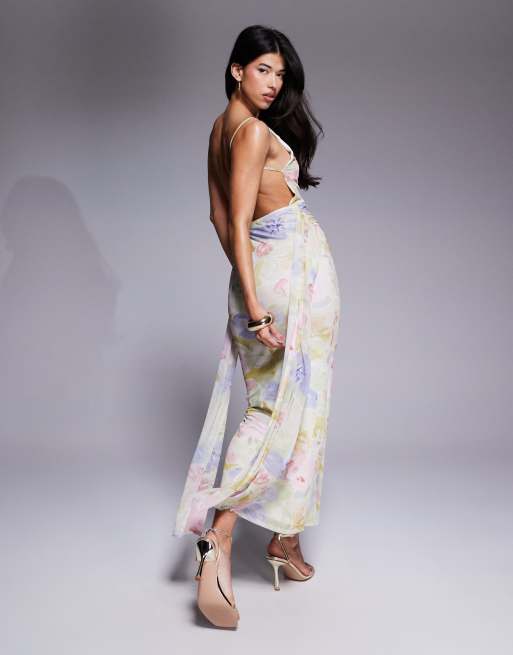 ASOS DESIGN sleeveless maxi dress with open back and sash detail in floral print