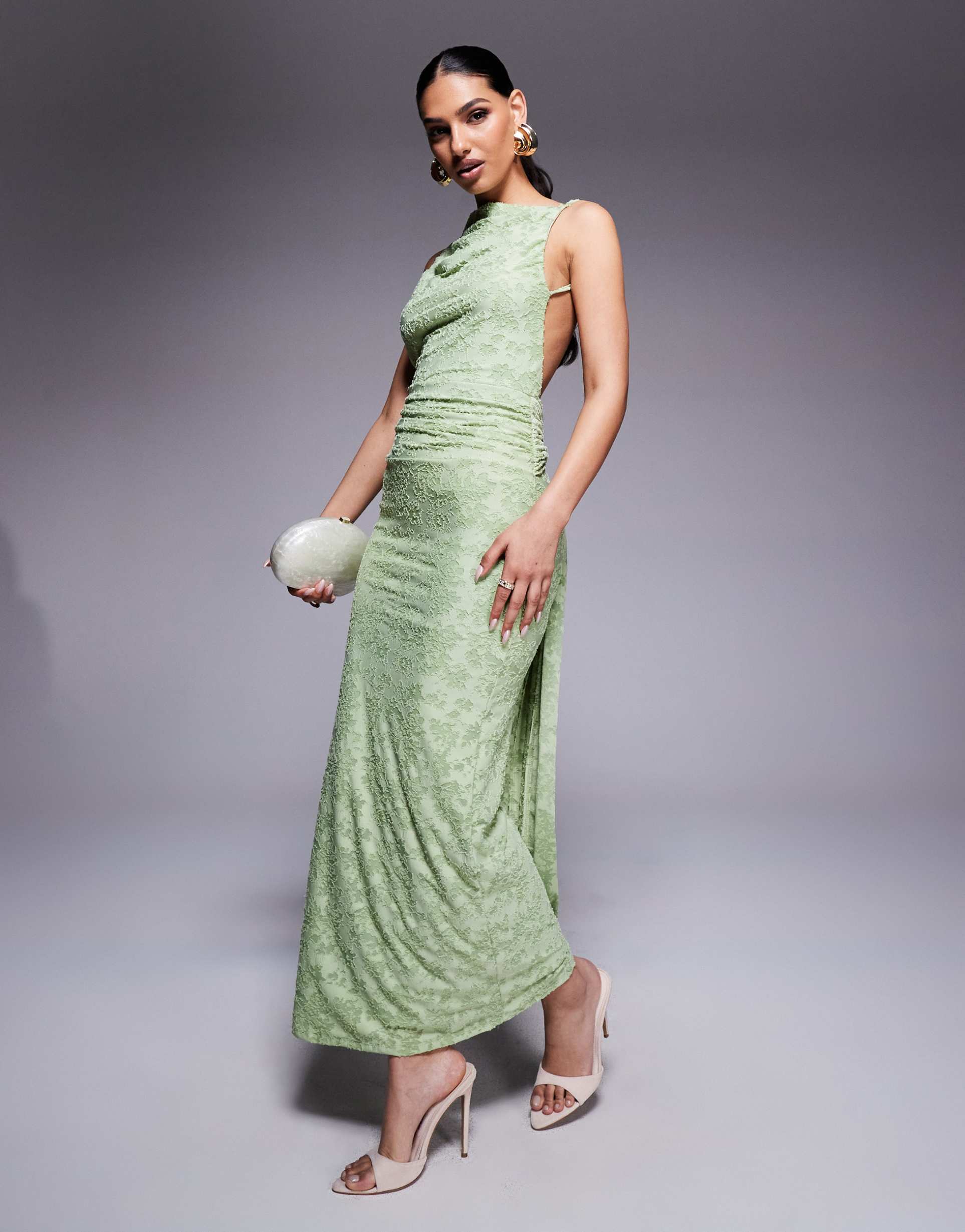 asos design sleeveless maxi dress with open back and sash detail in green