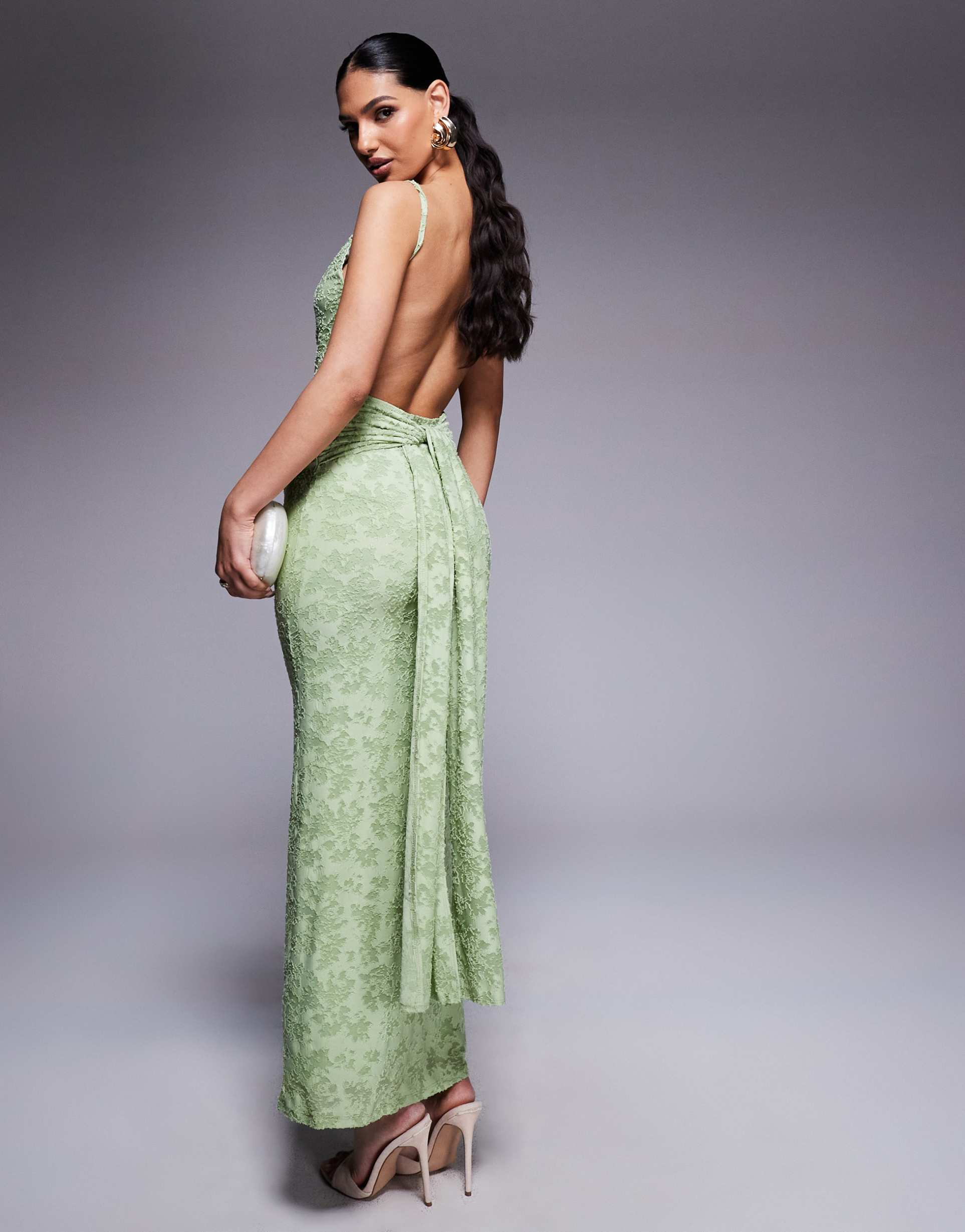 asos design sleeveless maxi dress with open back and sash detail in green