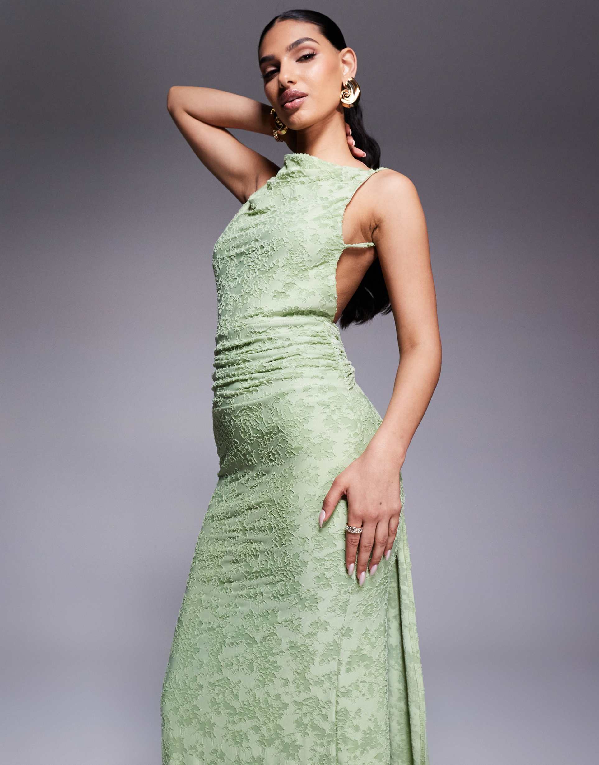 asos design sleeveless maxi dress with open back and sash detail in green