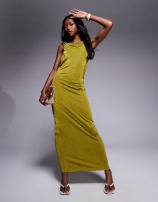 Asos Design Sleeveless Maxi Dress With Plunge Cowl Back And Trim Detail In Green
