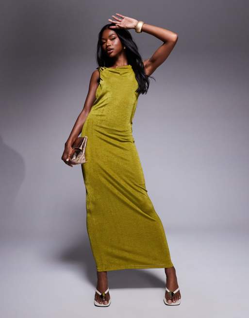 ASOS Design Sleeveless Maxi Dress with Plunge Cowl Back and Trim Detail in Green