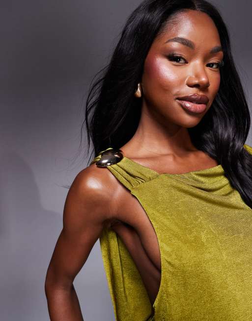 ASOS Design Sleeveless Maxi Dress with Plunge Cowl Back and Trim Detail in Green