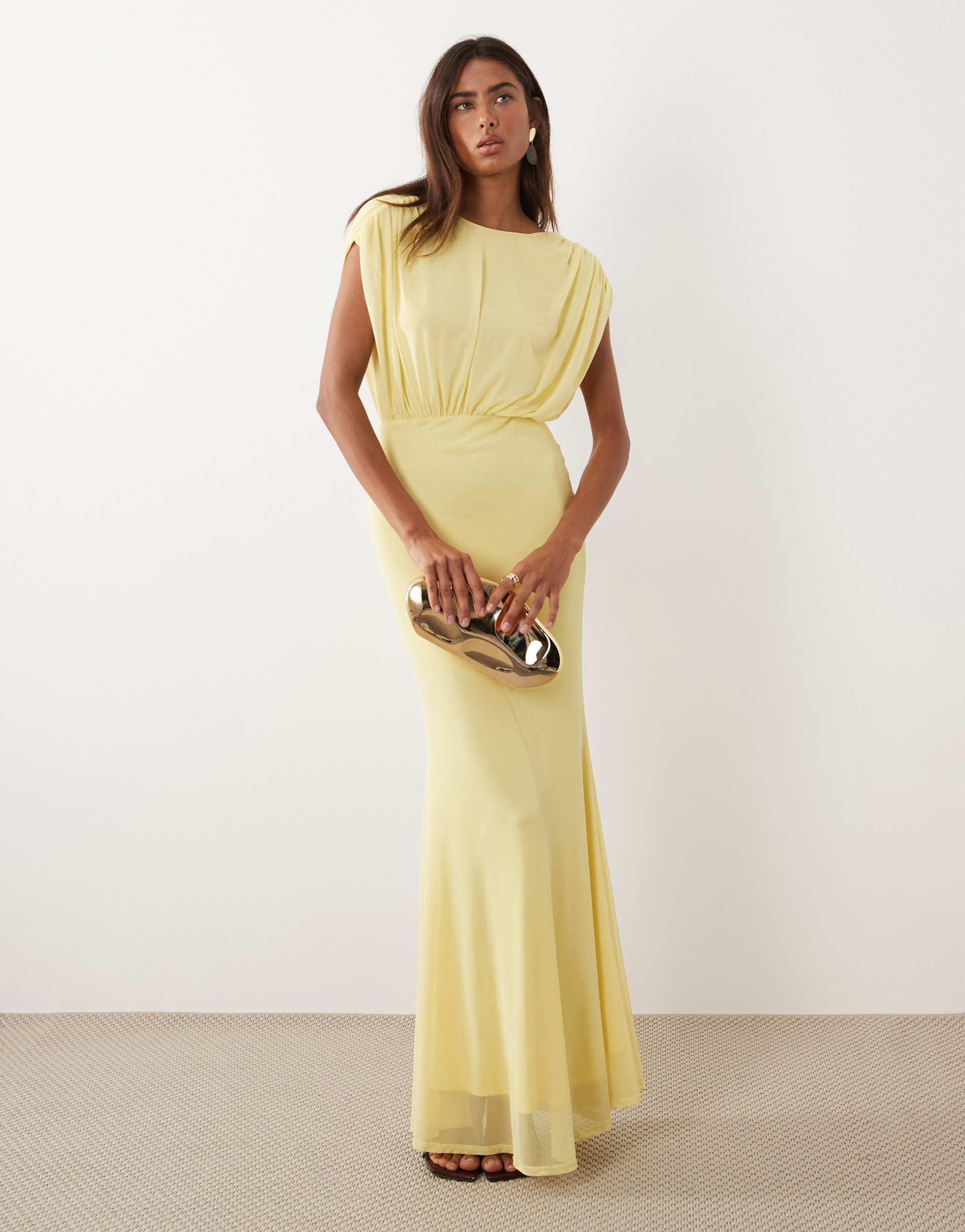 asos design sleeveless maxi dress with ruched bodice detail in lemon