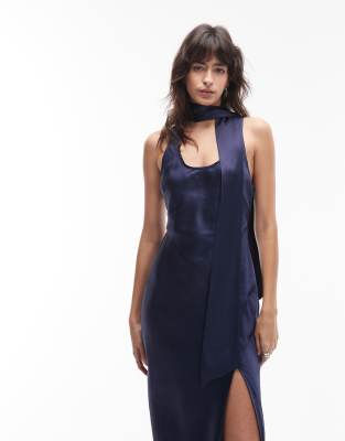 Asos Design Sleeveless Maxi Dress With Scarf Detail In Blue