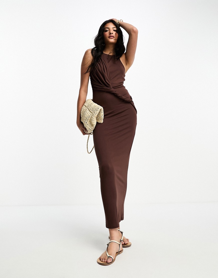 ASOS DESIGN sleeveless maxi dress with twist drape in chocolate-Brown