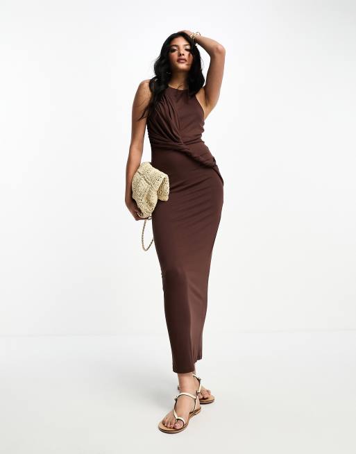 ASOS DESIGN sleeveless maxi dress with twist drape in chocolate