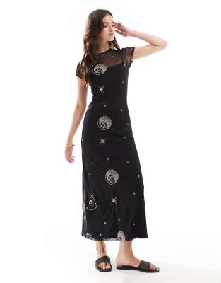 Asos Design Sleeveless Mesh Midi Dress In Black-multi