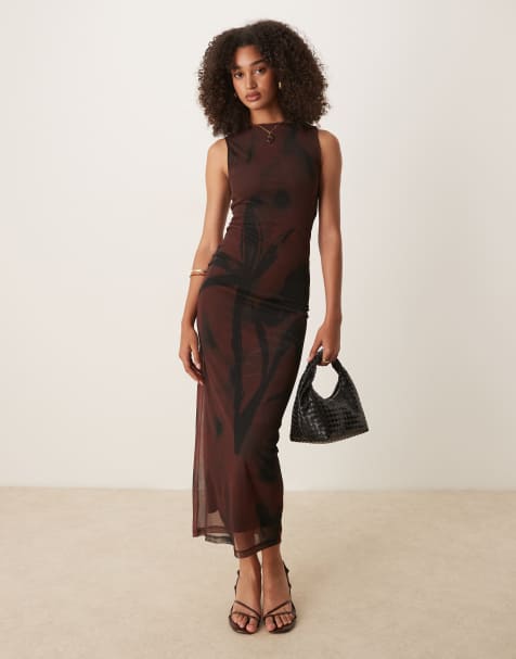 ASOS DESIGN sleeveless mesh midi dress in chocolate print - BROWN - view 1