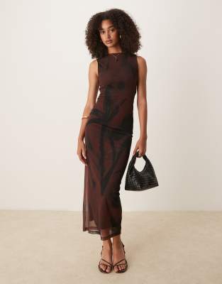 Asos Design Sleeveless Mesh Midi Dress In Brown