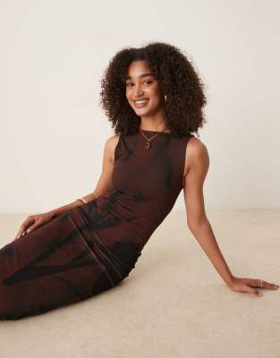 Asos Design Sleeveless Mesh Midi Dress In Brown