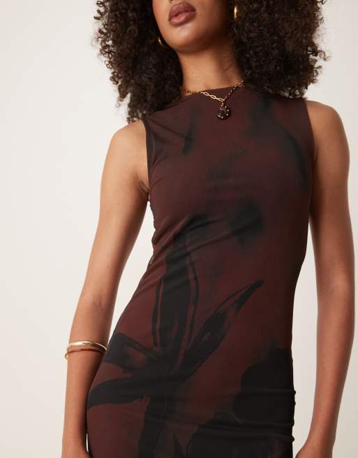 ASOS DESIGN sleeveless mesh midi dress in chocolate print