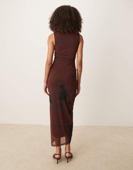 ASOS DESIGN sleeveless mesh midi dress in chocolate print