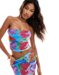 [ASOS DESIGN] ASOS DESIGN sleeveless mesh ruched side corset top in bright floral print (part of a set)-Multi 18 Bright floral print