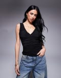 [ASOS DESIGN] ASOS DESIGN sleeveless mesh top with ruching detail in black S Black