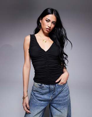 Asos Design Sleeveless Mesh Top With Ruching Details In Black