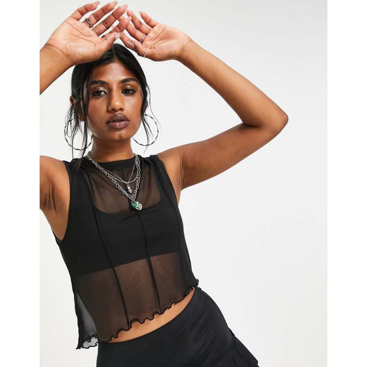 Rose Detail Sleeveless Mesh Top Black