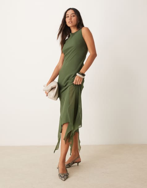 ASOS DESIGN sleeveless midaxi dress with flare panels in green - view 1