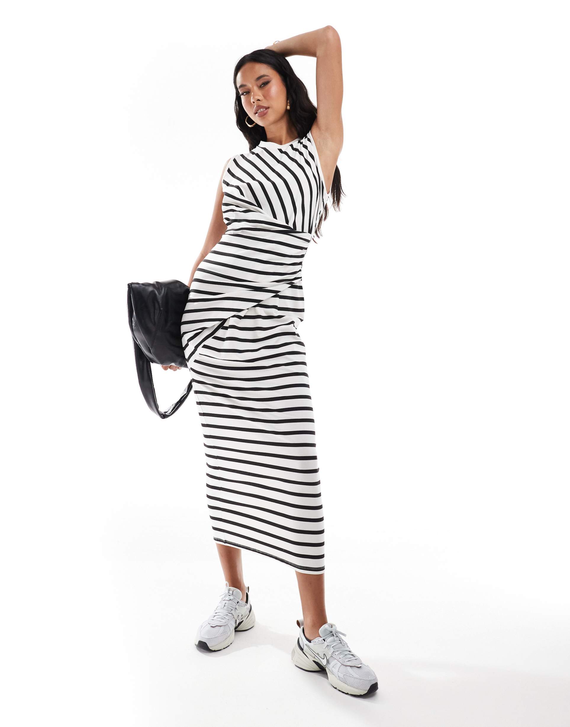 asos design sleeveless midaxi dress with twist detail in mono stripe