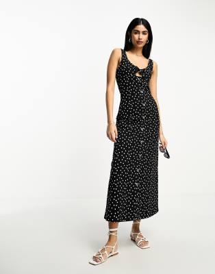 Asos Design Sleeveless Midi Dress With Buttons And Tie Detail In Black Spot