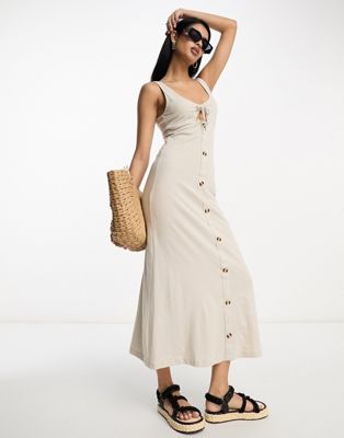 ASOS DESIGN sleeveless midi dress with buttons and tie detail in stone ...