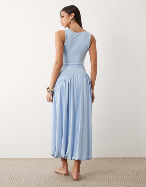 ASOS DESIGN sleeveless midi dress with dropped seam and bubble hem in light blue, 3 of 4