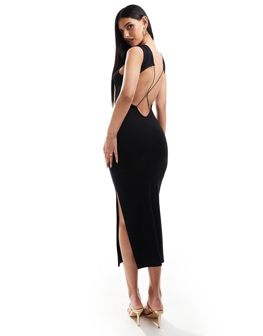 Asos Design Sleeveless Midi Dress With Open Back And Strap Detail In Black
