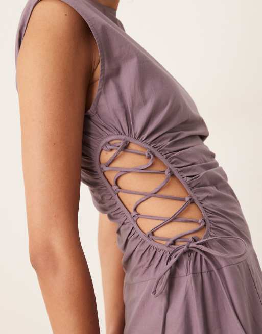 ASOS DESIGN sleeveless midi dress with ruched bodice and lace-up side in taupe