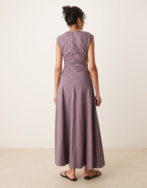 ASOS DESIGN sleeveless midi dress with ruched bodice and lace-up side in taupe