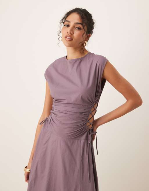 ASOS DESIGN sleeveless midi dress with ruched bodice and lace-up side in taupe