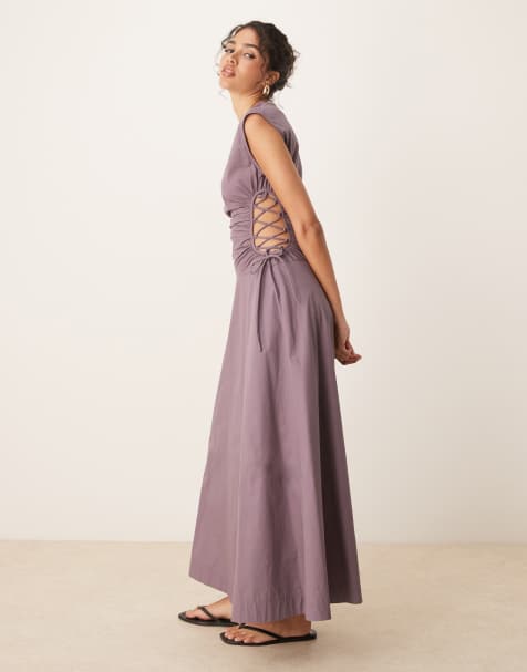 ASOS DESIGN sleeveless midi dress with ruched bodice and lace-up side in taupe - view 1
