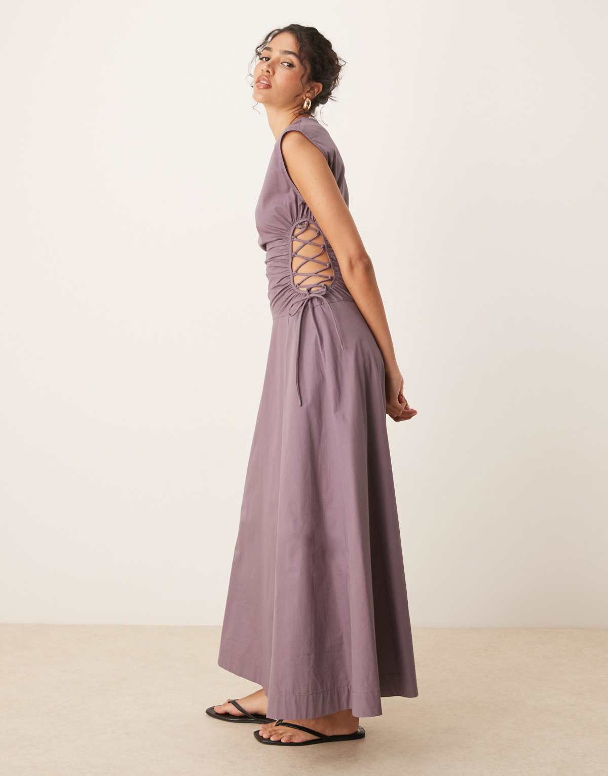 ASOS DESIGN sleeveless midi dress with ruched bodice and lace up side in taupe