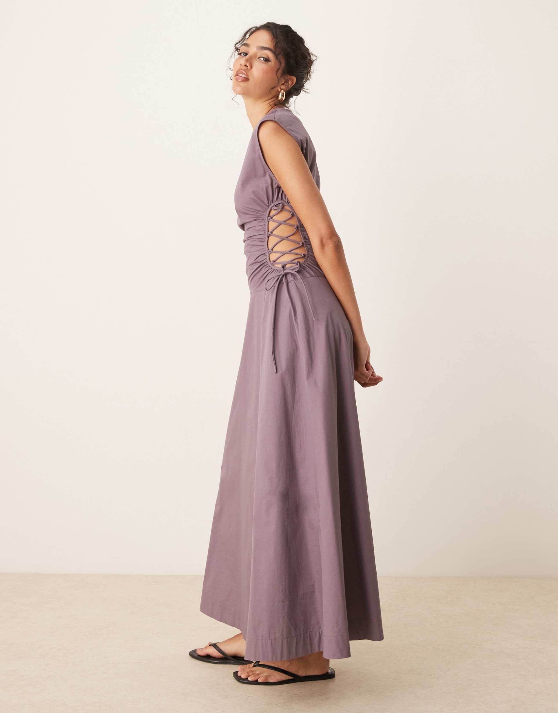 asos design sleeveless midi dress with ruched bodice and lace-up side in taupe