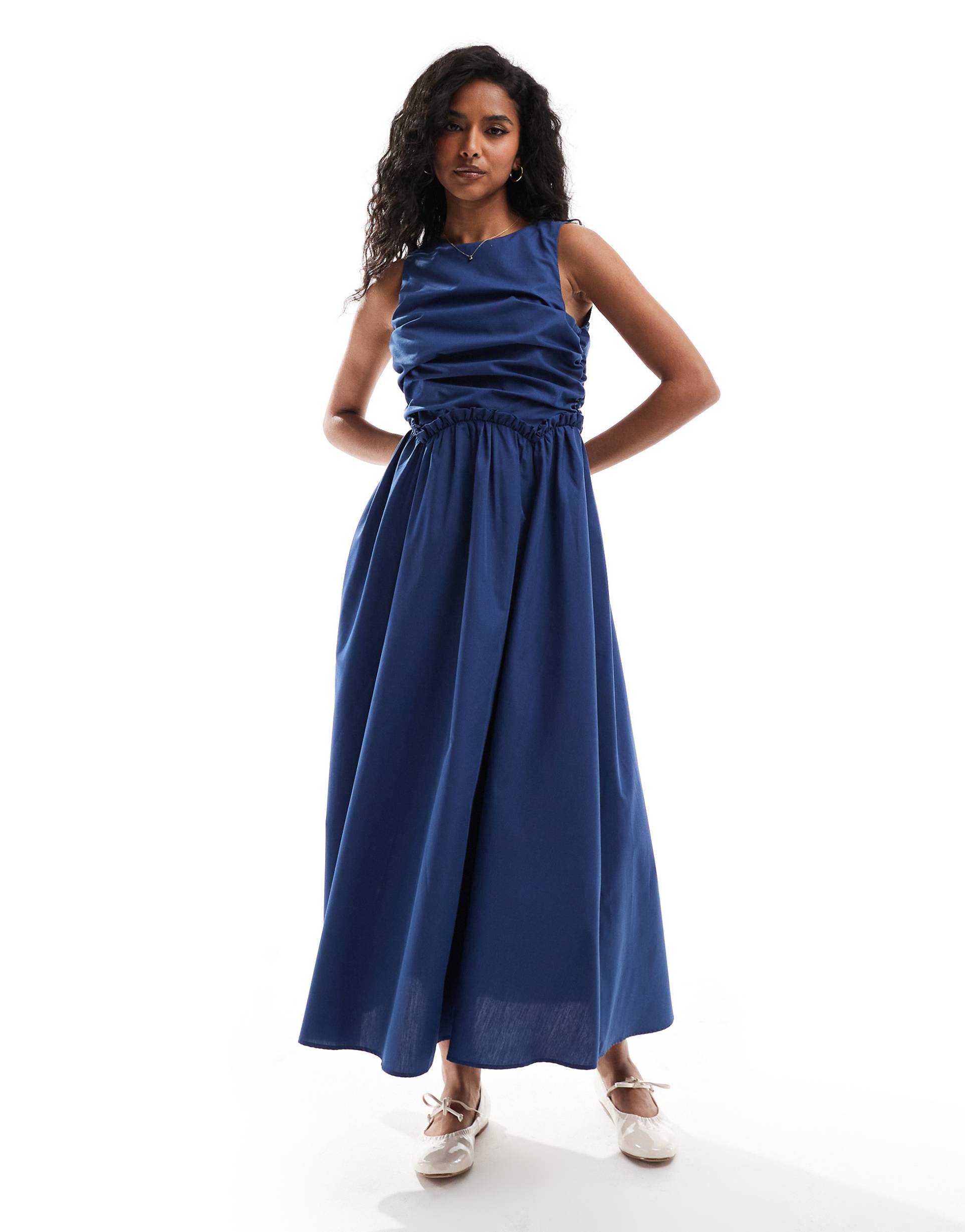 asos design sleeveless midi dress with ruched bodice detail in dusk blue