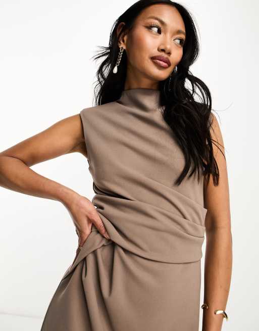 ASOS DESIGN sleeveless midi dress with shoulder pad in tan