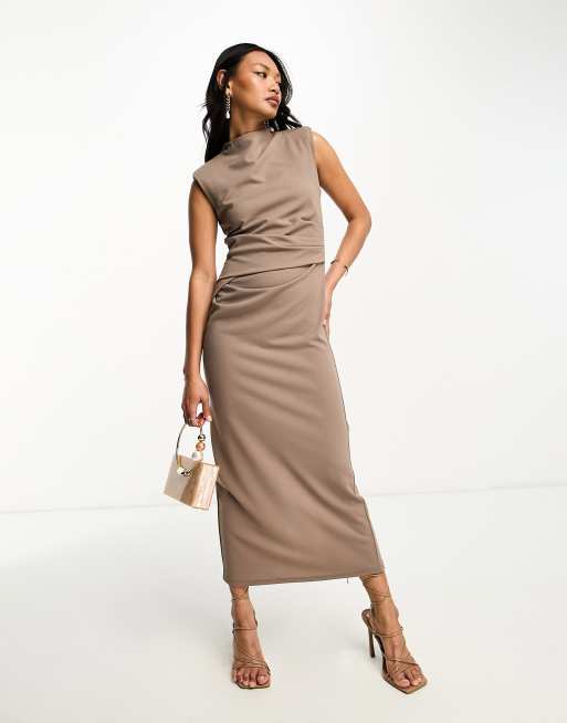 ASOS DESIGN sleeveless midi dress with shoulder pad in tan