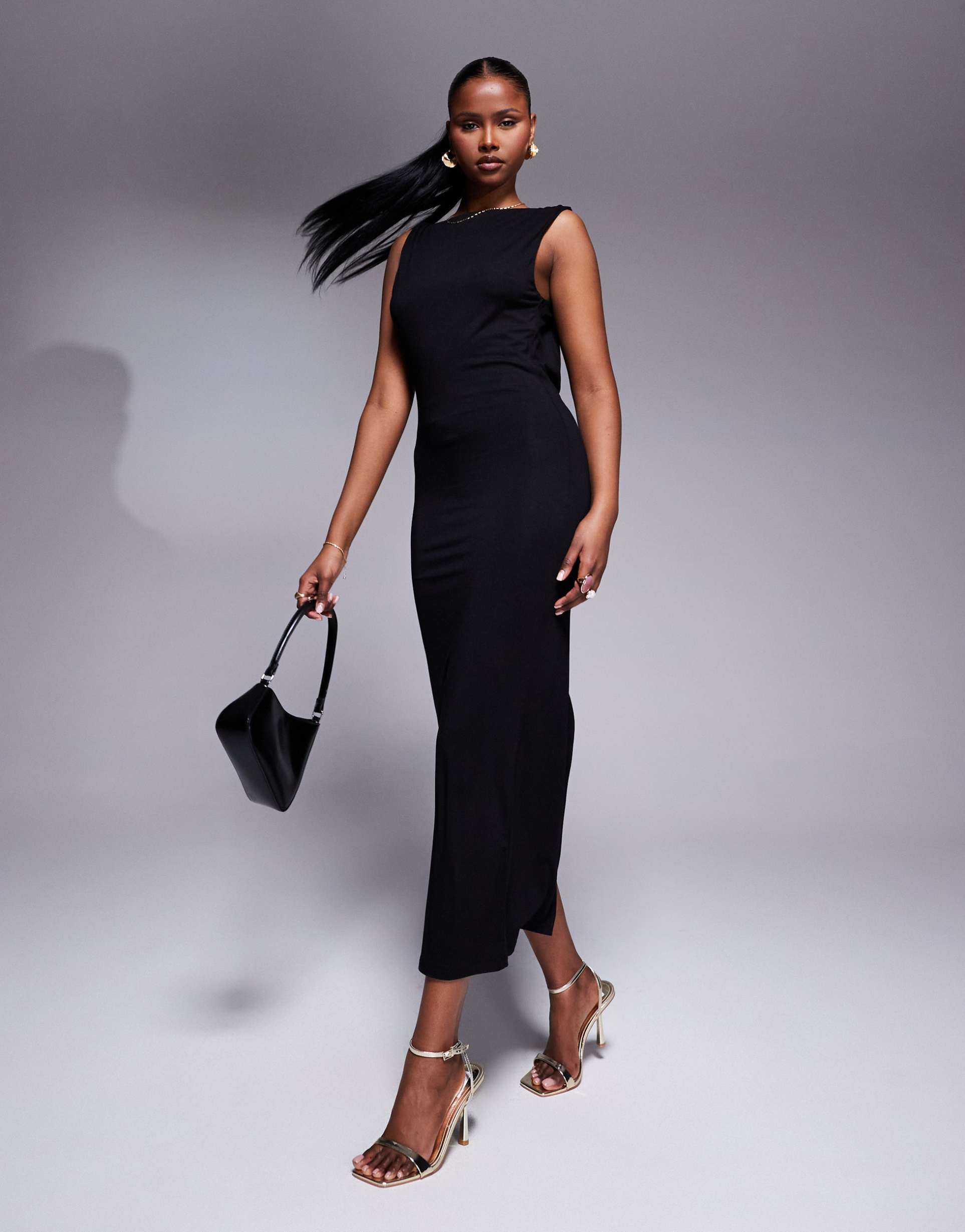 asos design sleeveless midi dress with strappy plunge back in black