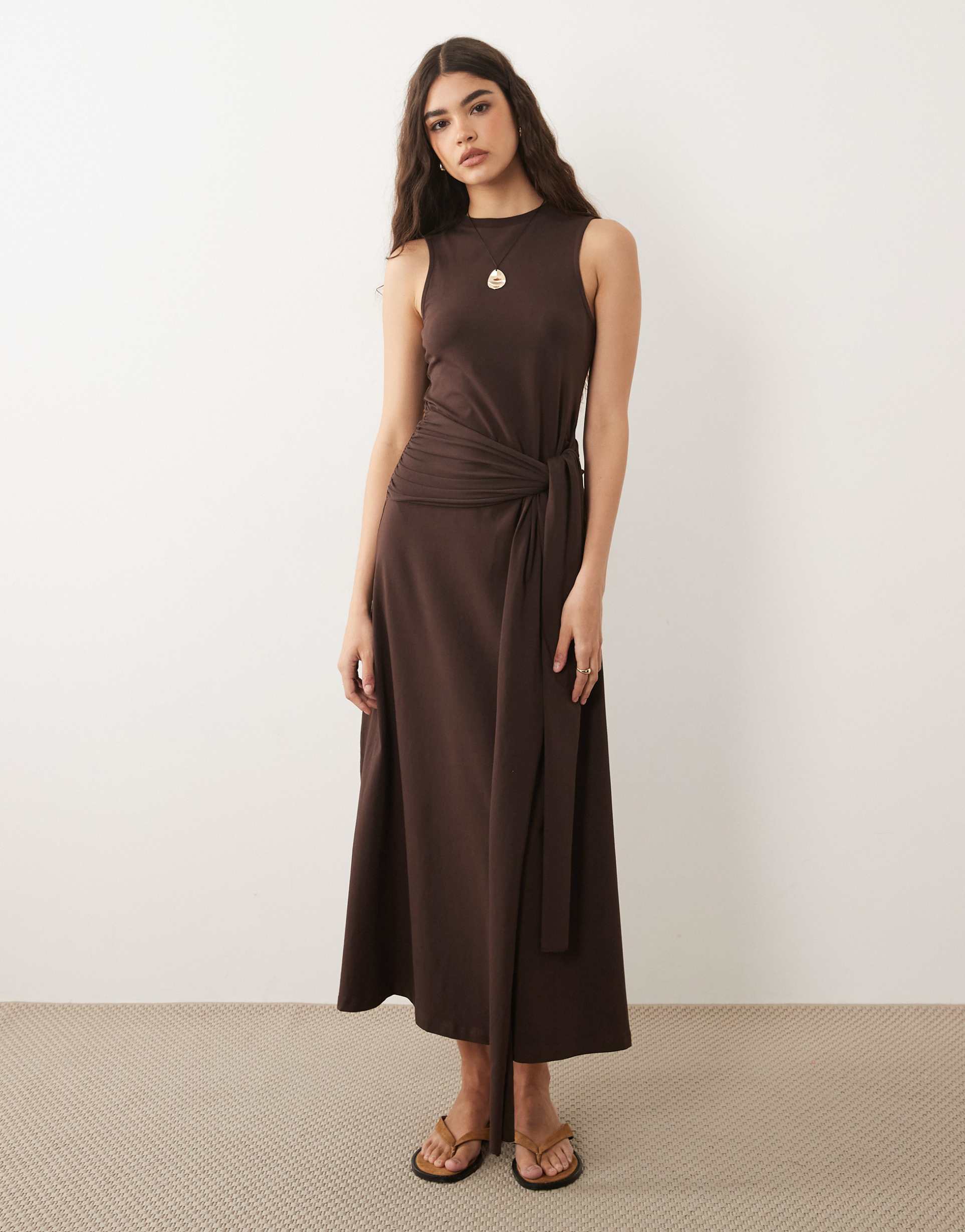 asos design sleeveless midi dress with tie waist in chocolate